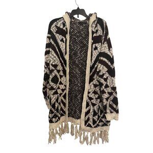 Fylo London Womens Medium Fringe Open Knit Hooded Cardigan Black/White Geometric